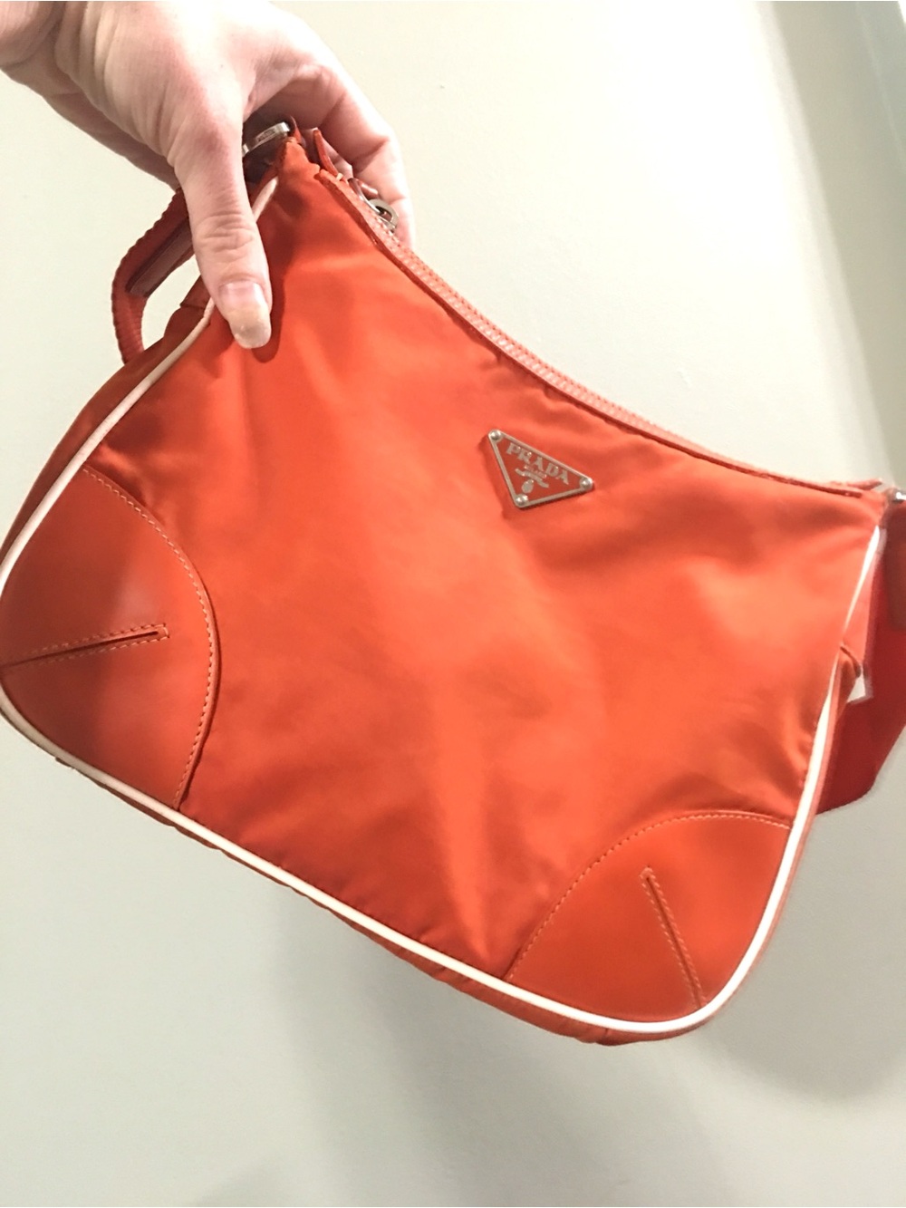 Auth Prada Orange white color block Nylon leather messenger Cargo strap Hobo Bag